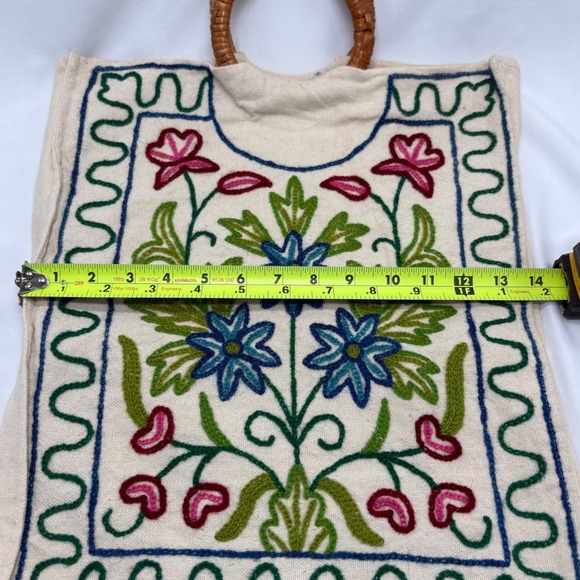 Vintage Boho Embroidered Floral Artisan Tote Bag Round Woven Handle Canvas Purse - Picture 8 of 11